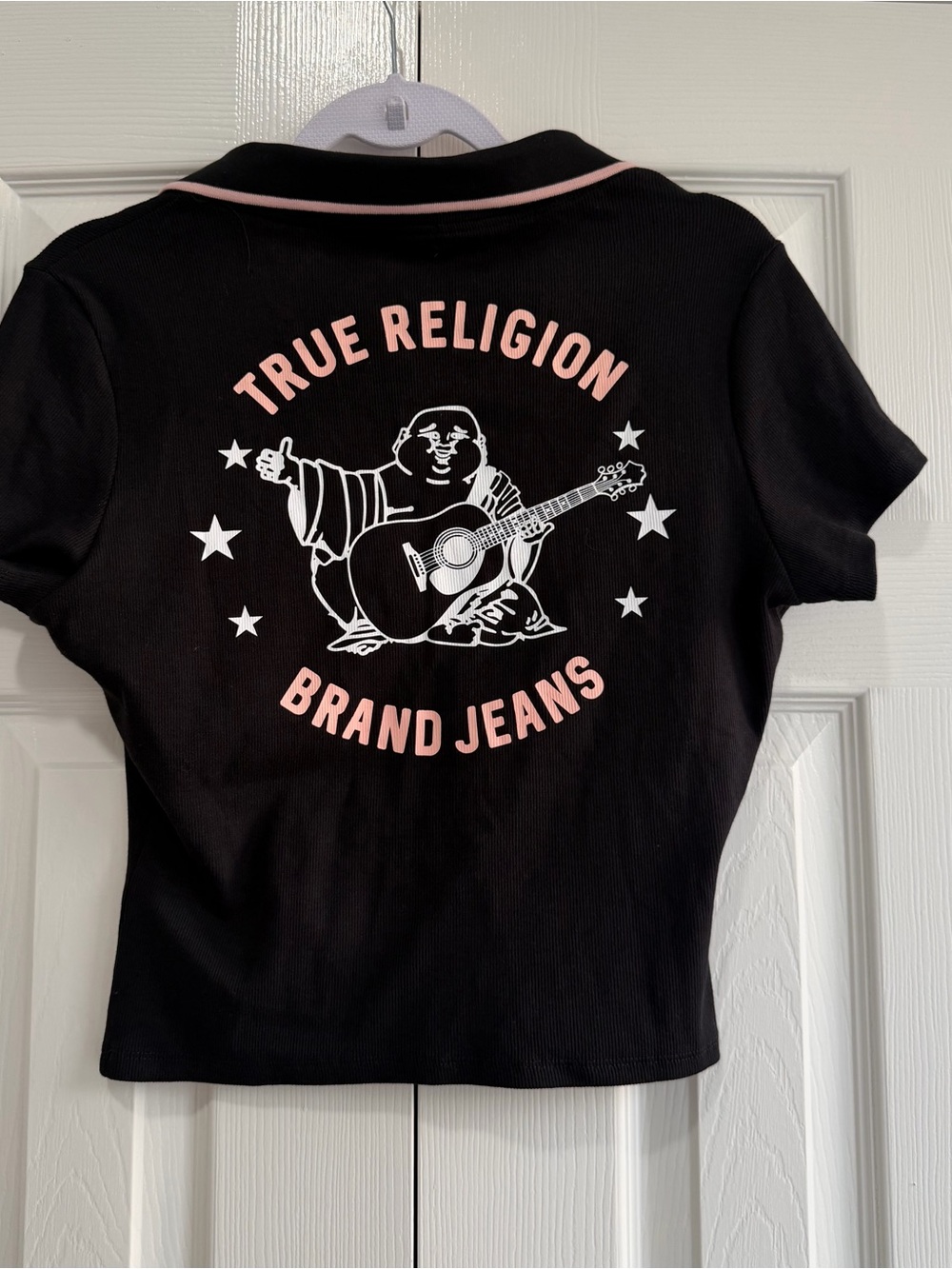 True Religion Black Short Sleeve Polo Tee with Pink & White Logo